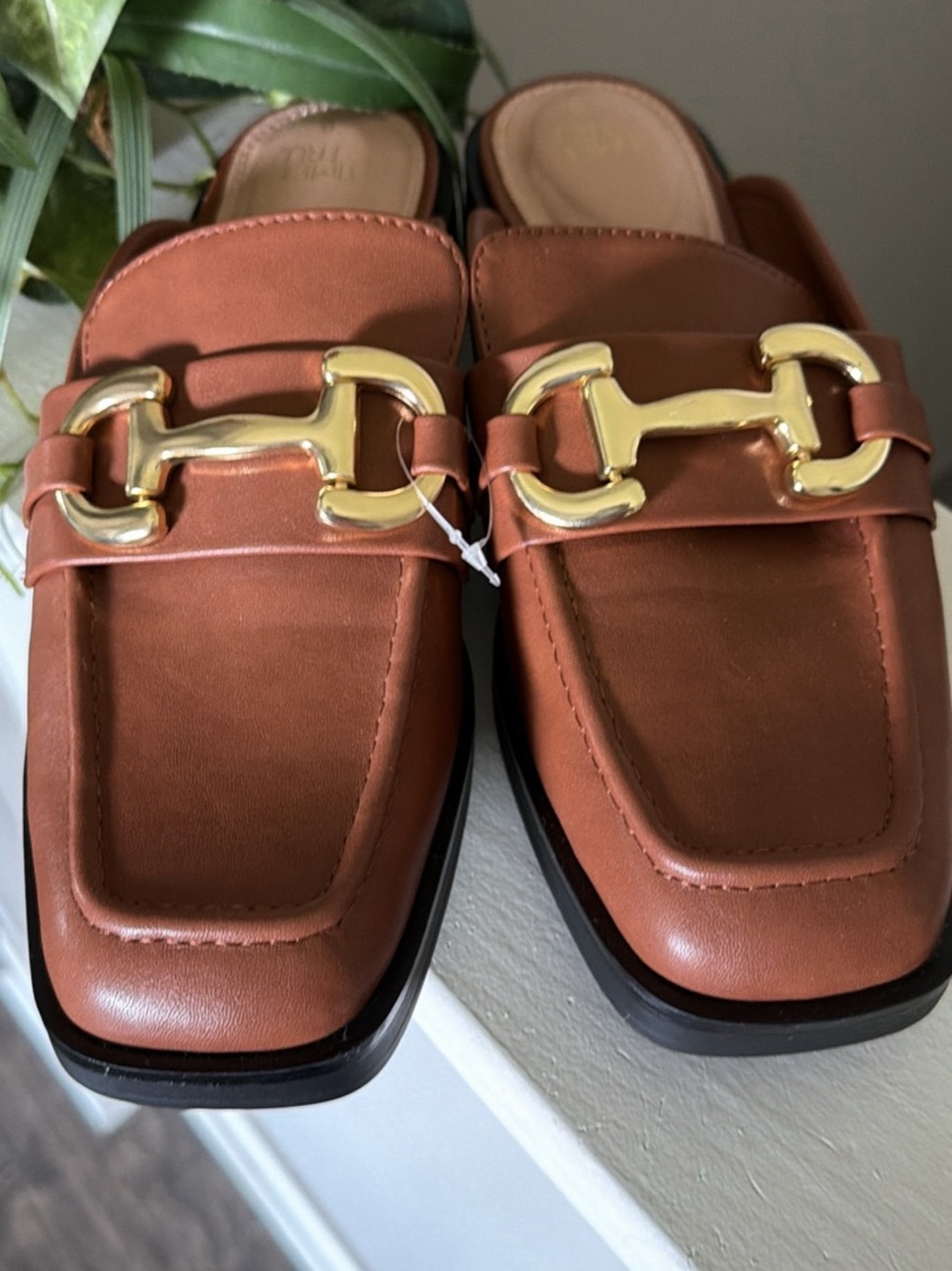 Time and Tru Tan Slip-On Sandal Mules with Gold Hardware